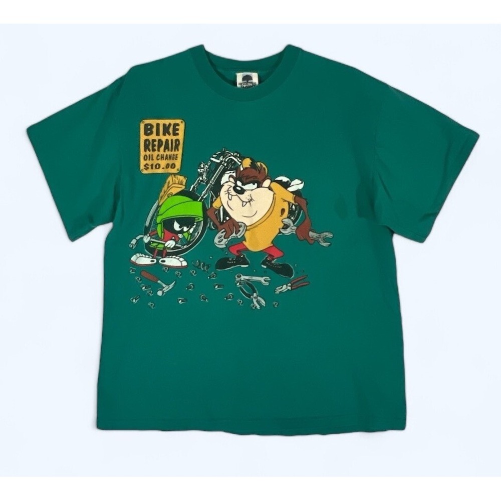 VINTAGE TAZ‎ SHIRT BIKE REPAIR GREEN LARGE MADE IN USA Single Stitch READ